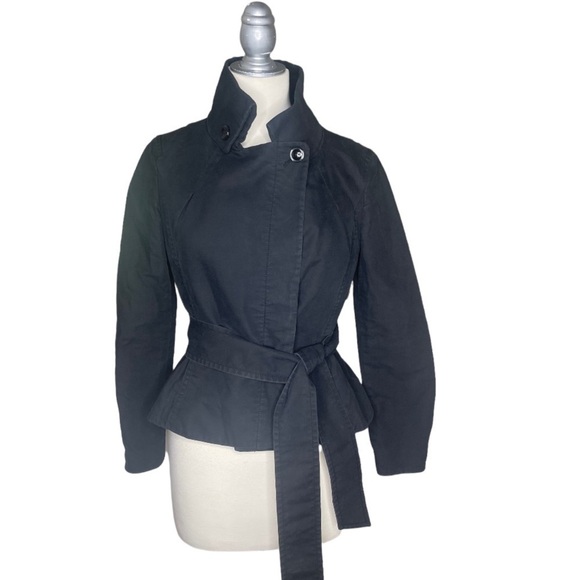 Armani Exchange Jackets & Blazers - Armani Exchange Black Cotton Lined High Collar Trench Pockets Jacket Wrap Belt S